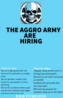 the aggro army are hiring poster with a skull in the center