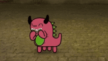 a pink monster with horns and a green belly is standing on a brick road