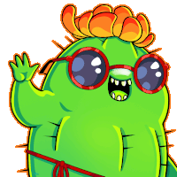 a green cartoon cactus wearing red sunglasses and a red ribbon around its waist