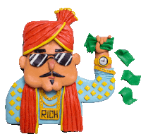 a cartoon of a man with a turban and a necklace that says rich