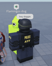 a flamingos dog is talking to a police officer