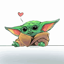 a drawing of a baby yoda with a heart coming out of its head