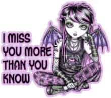 a girl with purple hair and wings is sitting on the floor and says i miss you more than you know .