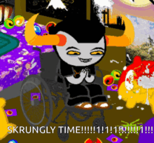 a cartoon character in a wheelchair with the words skrungly time