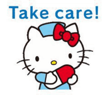 hello kitty is holding a red heart and says `` take care ! ''