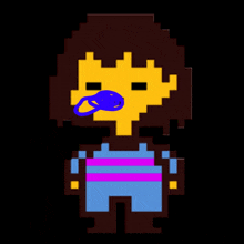 a pixel art of frisk with a pacifier in his mouth