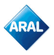 the aral logo is a blue diamond with the word aral written on it .