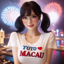 a woman wearing glasses and a toto macau t-shirt