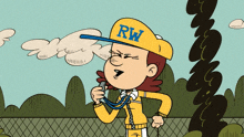 a cartoon character is wearing a yellow hat that says rw