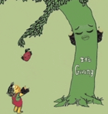 a cartoon drawing of a tree with a face and the words it 's growing