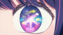 a close up of a person 's eye with a star in the middle