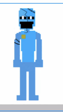 a pixel art of a blue robot with stitches on his arms