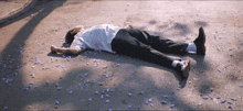 a man laying on the ground with purple petals on the ground around him