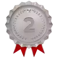 a silver medal with the number 2 and a red ribbon