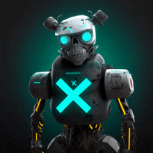 a robot with a blue cross on his chest