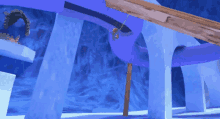 a cartoon character is hanging from a rope in a frozen cave