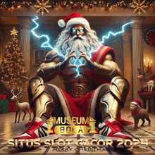 a poster with a statue of zeus wearing santa hat