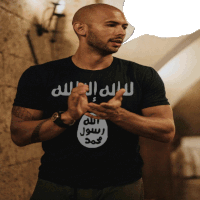 a man wearing a black t-shirt with arabic writing on the front