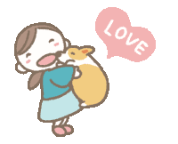 a cartoon drawing of a woman holding a rabbit and a heart with the word love on it