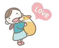 a cartoon drawing of a woman holding a rabbit and a heart with the word love on it