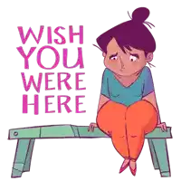 a woman sits on a bench with the words wish you were here behind her