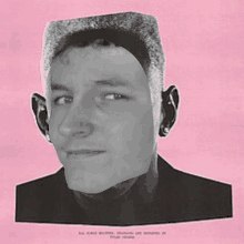 a black and white drawing of a man 's face with a pink background