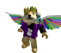 a dog with wings and a crown on his head is wearing a purple shirt