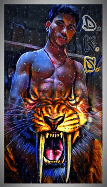 a painting of a man standing next to a tiger with the letter k on the bottom