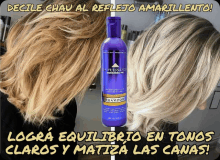 a woman 's hair is shown next to a purple bottle of pursance shampoo