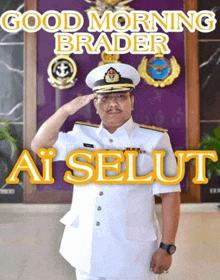 a man in a military uniform salutes in front of a sign that says " good morning brader ai salut "