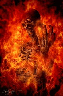 a painting of a skeleton in flames with the letters tsb on the bottom right