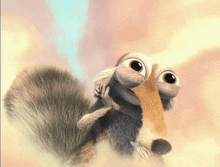 a cartoon squirrel with big eyes is holding a smaller squirrel on its back .