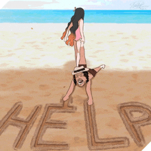 a drawing of a man and a girl on a beach with the word help written in the sand