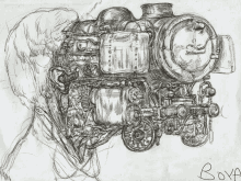 a black and white drawing of a steam engine with the name boya written on the bottom