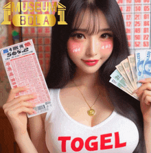 a woman is holding a lottery ticket and money in front of a sign that says museum bola