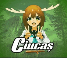 a girl with antlers is giving a peace sign in front of the name ciucas