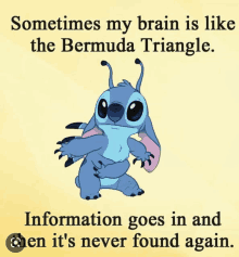 a picture of stitch with a caption that says " sometimes my brain is like the bermuda triangle "