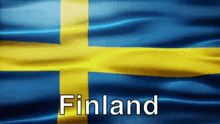 a blue and yellow flag with the word finland written below it