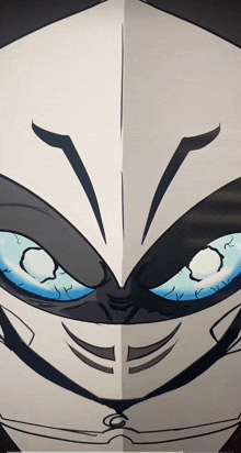 a close up of a cartoon character 's face with a blue eye