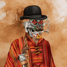 a painting of a skeleton wearing a top hat and a poncho