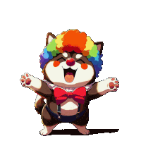 a cartoon dog wearing a clown wig and a bow tie