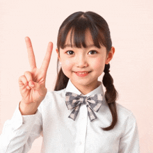 a young girl wearing a bow tie and a white shirt is giving the peace sign