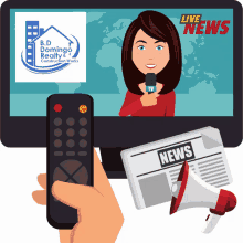 a person holding a remote control in front of a tv screen with a news reporter on it