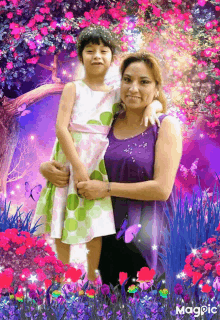 a woman holds a little girl in her arms in front of a floral background