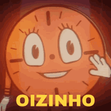 a cartoon clock with the word oizinho in yellow