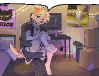 a drawing of a furry person sitting in front of a computer with a sign that says hang in there