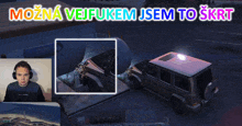 a man wearing headphones sits in front of a screen that says mozna veifukem jsem to skrt