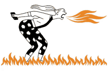 a black and white drawing of a woman blowing flames