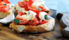 a slice of bread topped with tomatoes and mozzarella