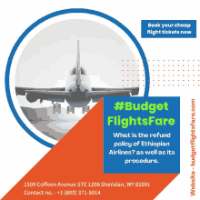 an advertisement for budget flightsfare with an airplane in the background